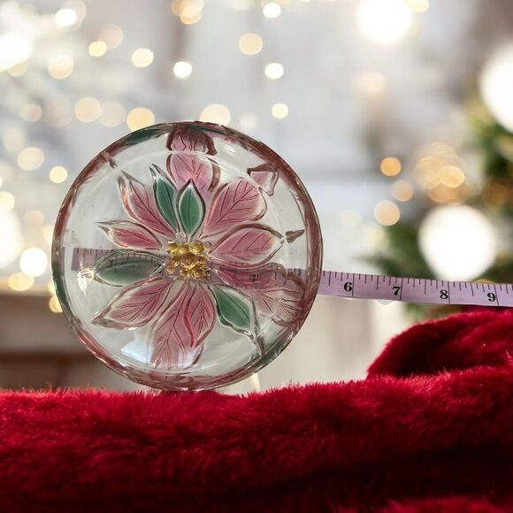 Vintage Art Glass Poinsettia Round Christmas Flower Dish Irredescent Floral - Picture 3 of 5